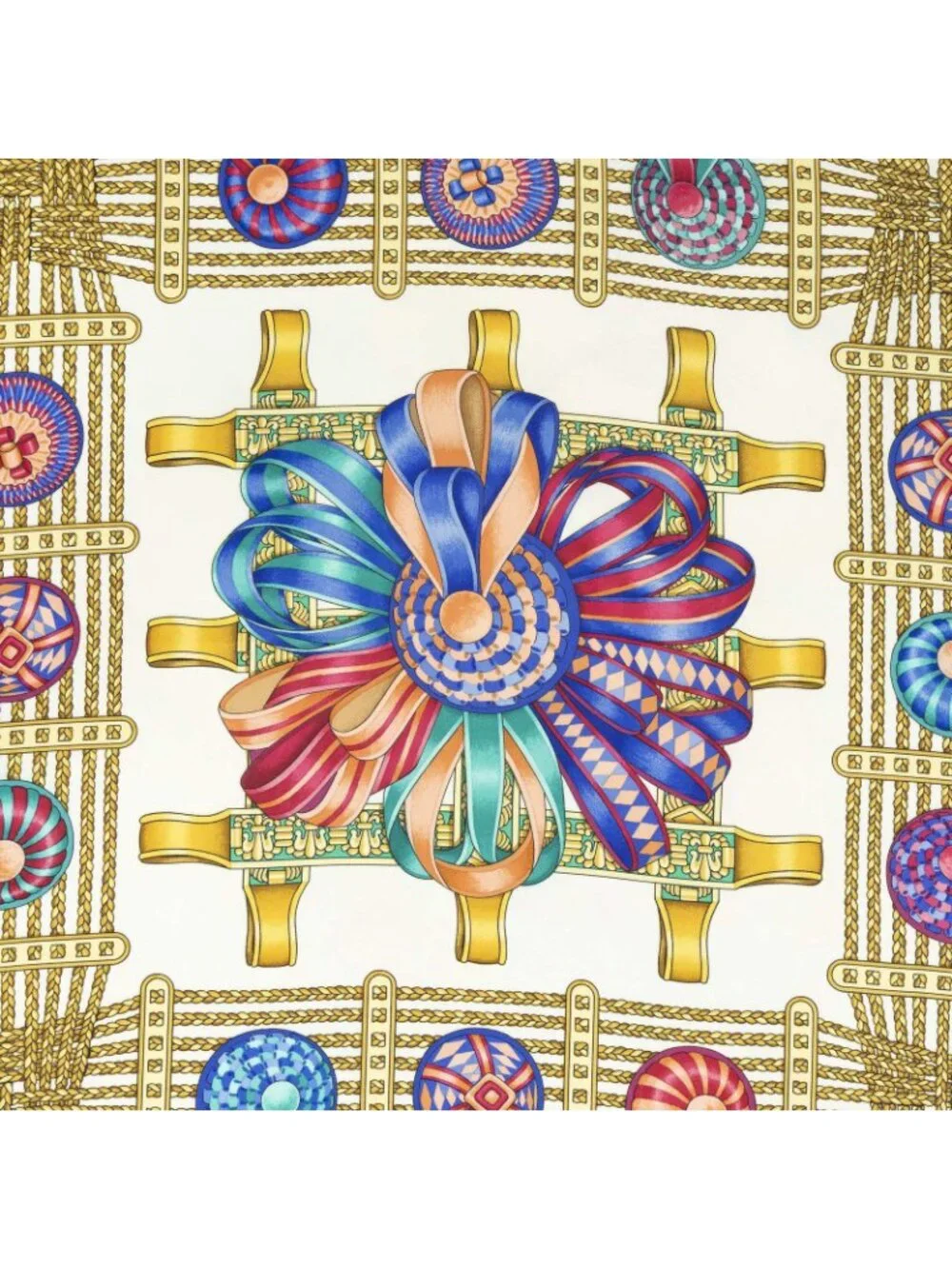 Hermes Scarf Blue Ivory Gold Silk